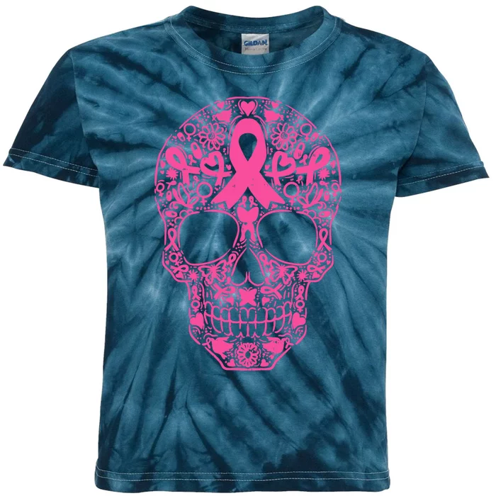 Sugar Skull Pink Ribbon Calavera Breast Cancer Awareness Kids Tie-Dye T-Shirt