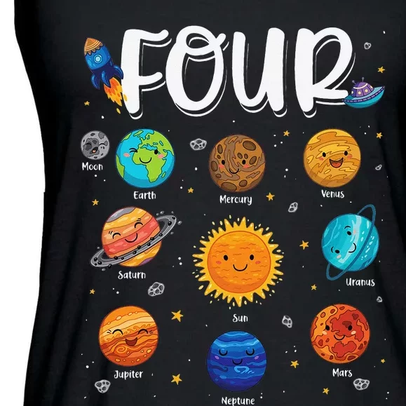 Solar System Planets Four 4 Years Old 4th Birthday Ladies Essential Flowy Tank