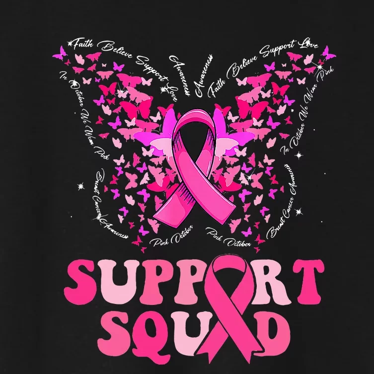 Support Squad Pink Ribbon Butterfly Breast Cancer Awareness Women's Crop Top Tee