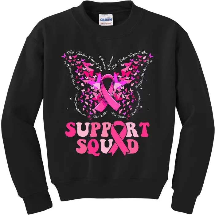 Support Squad Pink Ribbon Butterfly Breast Cancer Awareness Kids Sweatshirt