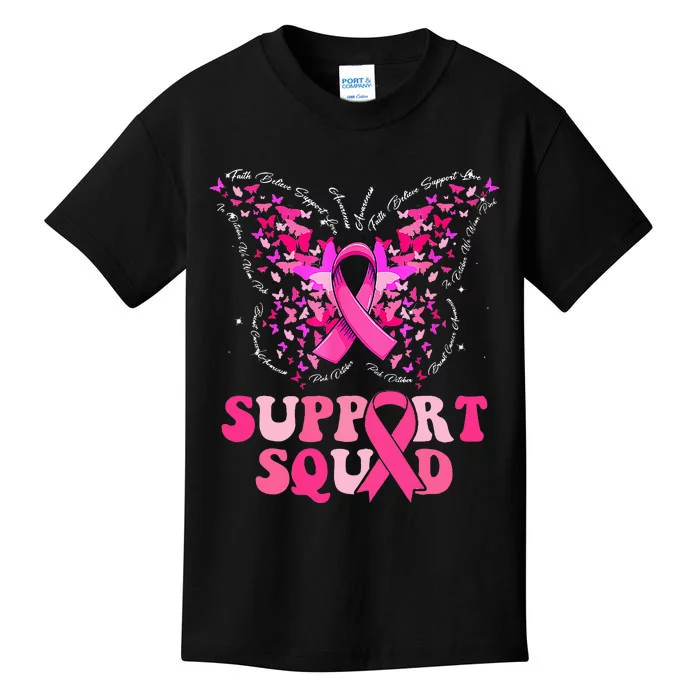 Support Squad Pink Ribbon Butterfly Breast Cancer Awareness Kids T-Shirt