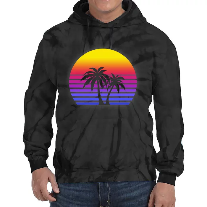 Synthwave Sun Palm Trees Tie Dye Hoodie