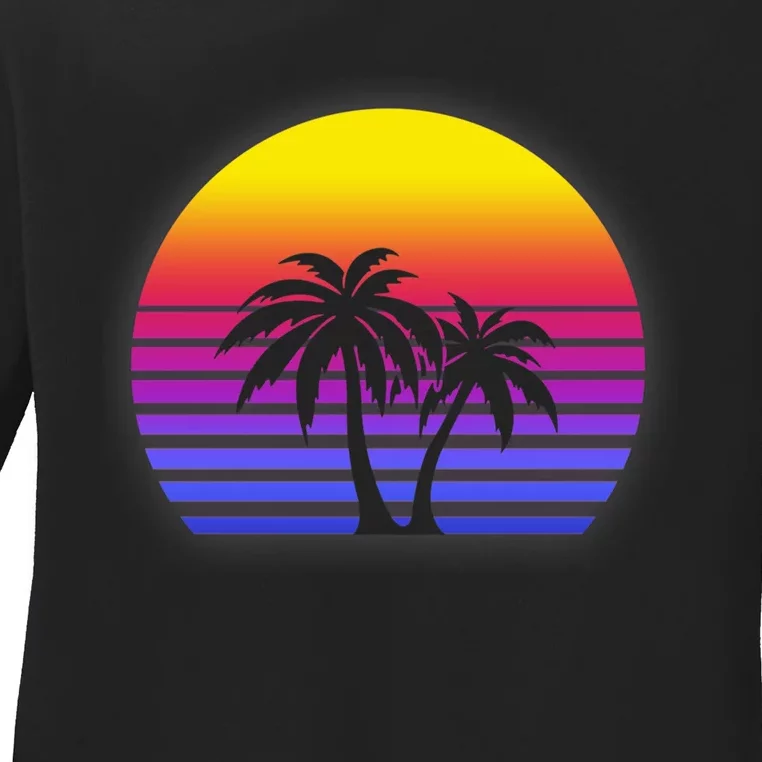 Synthwave Sun Palm Trees Ladies Long Sleeve Shirt