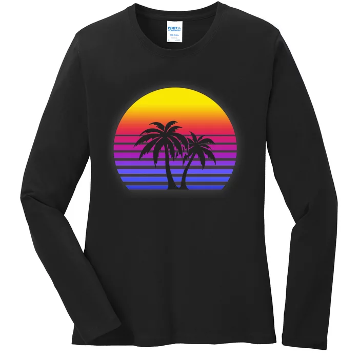 Synthwave Sun Palm Trees Ladies Long Sleeve Shirt