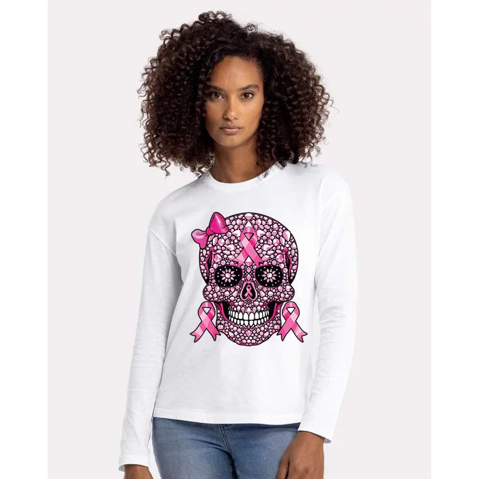 Sugar Skull Pink Ribbon Breast Cancer Awareness Womens Cotton Relaxed Long Sleeve T-Shirt