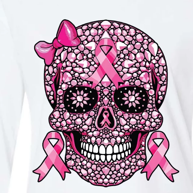 Sugar Skull Pink Ribbon Breast Cancer Awareness Womens Cotton Relaxed Long Sleeve T-Shirt