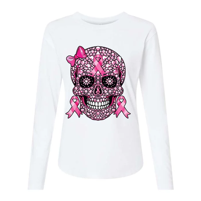 Sugar Skull Pink Ribbon Breast Cancer Awareness Womens Cotton Relaxed Long Sleeve T-Shirt