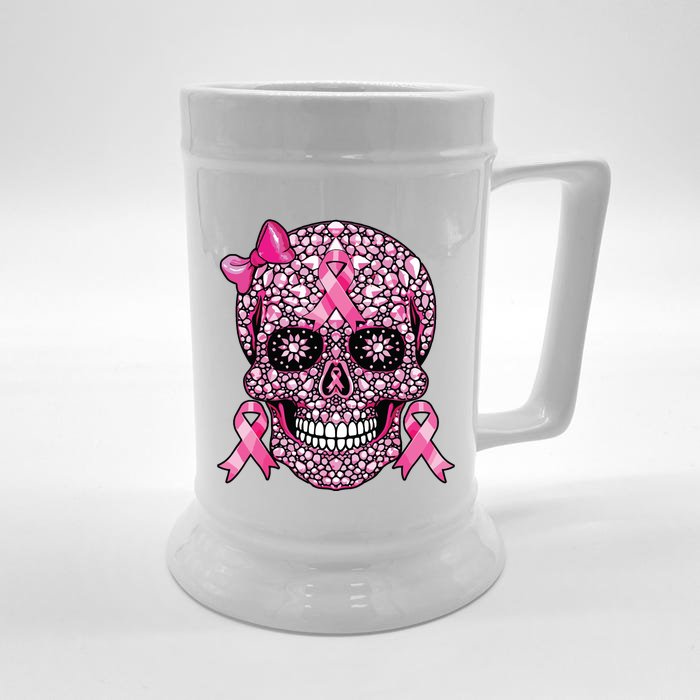 Sugar Skull Pink Ribbon Breast Cancer Awareness Front & Back Beer Stein