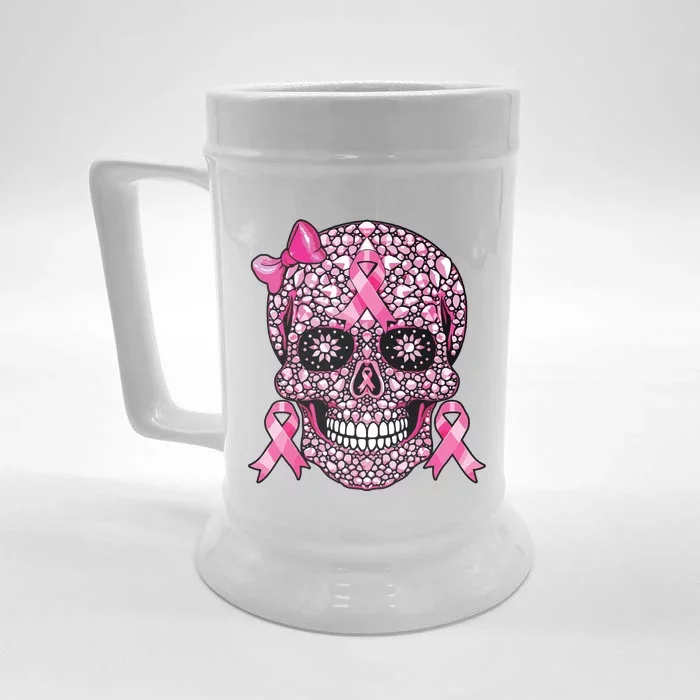 Sugar Skull Pink Ribbon Breast Cancer Awareness Front & Back Beer Stein