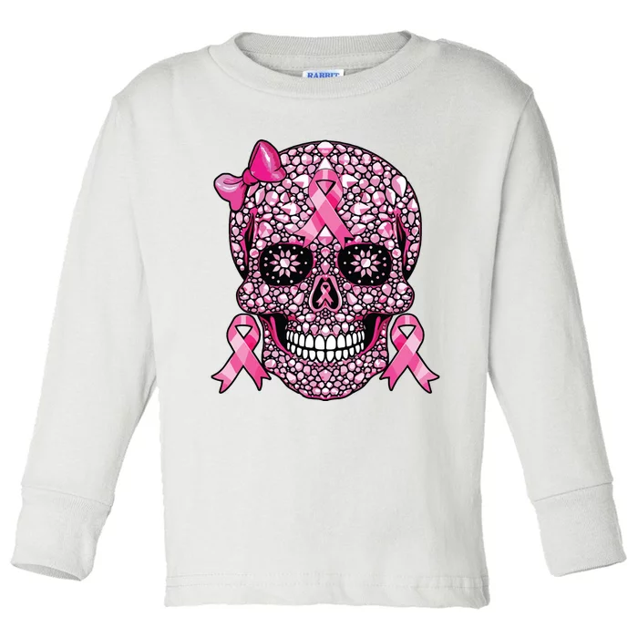 Sugar Skull Pink Ribbon Breast Cancer Awareness Toddler Long Sleeve Shirt