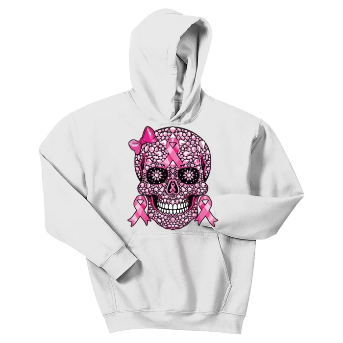 Sugar Skull Pink Ribbon Breast Cancer Awareness Kids Hoodie