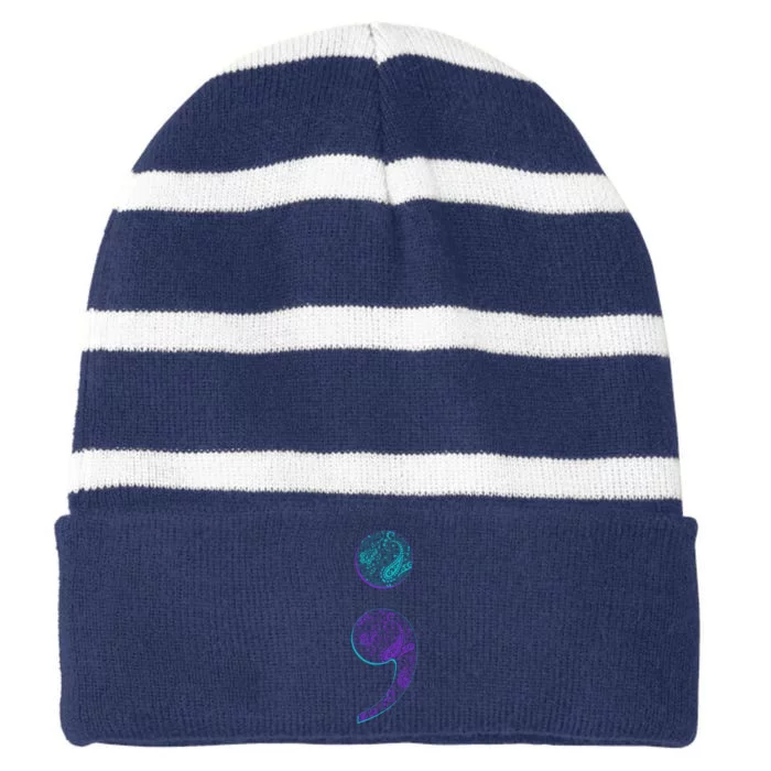 Semicolon Suicide Prevention Awareness Striped Beanie with Solid Band