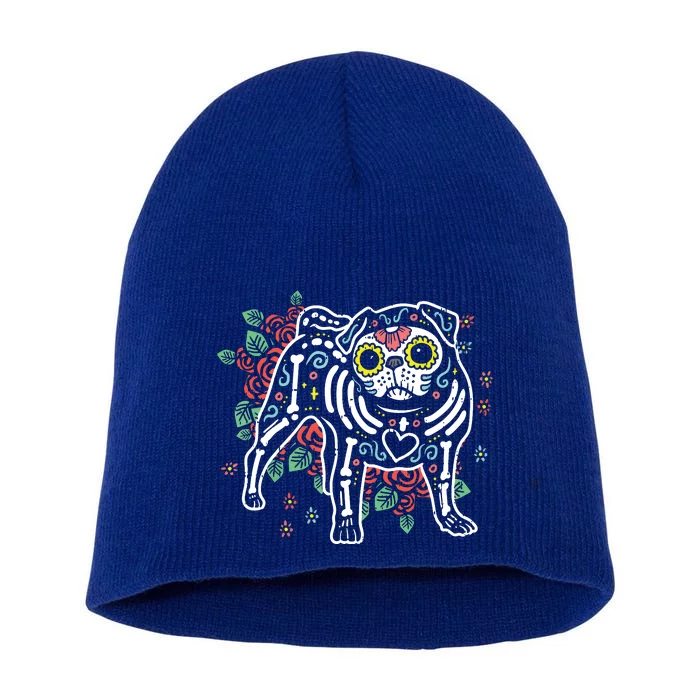 Sugar Skull Pug Dia De Los Muertos Halloween Dog Mexican Short Acrylic Beanie