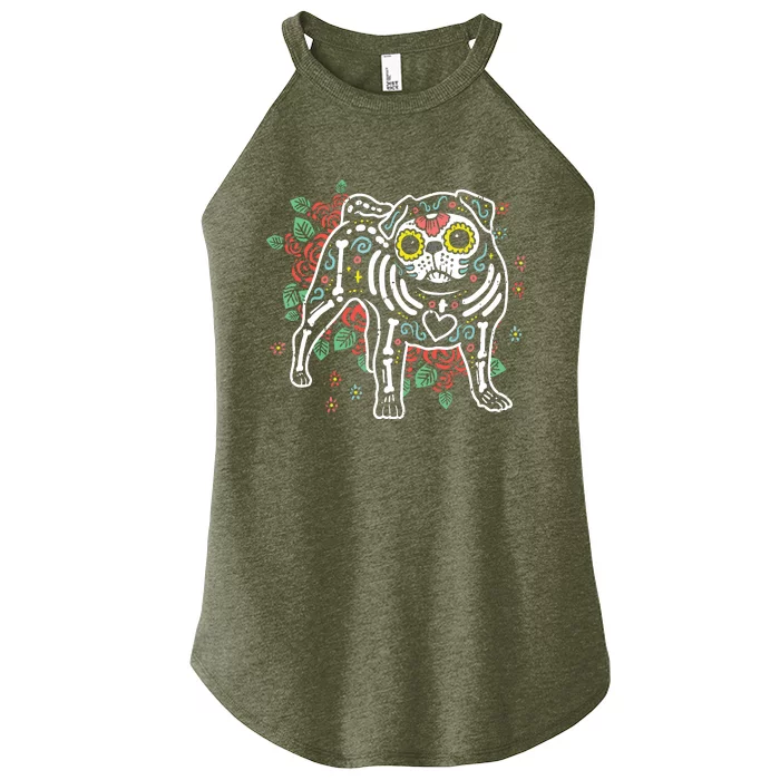 Sugar Skull Pug Dia De Los Muertos Halloween Dog Mexican Women’s Perfect Tri Rocker Tank