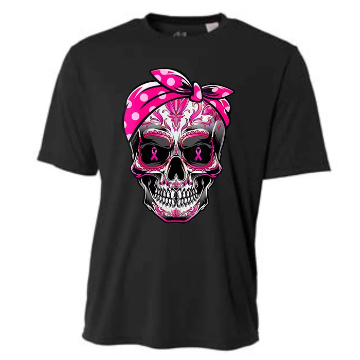 Sugar Skull Pink Ribbon Calavera Funny Breast Cancer Cooling Performance Crew T-Shirt