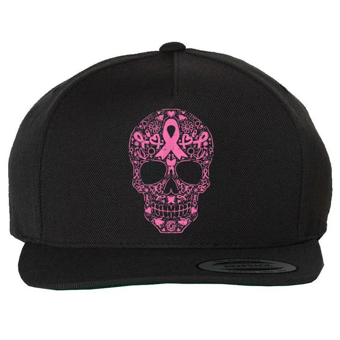 Sugar Skull Pink Ribbon Calavera Breast Cancer Awareness Wool Snapback Cap