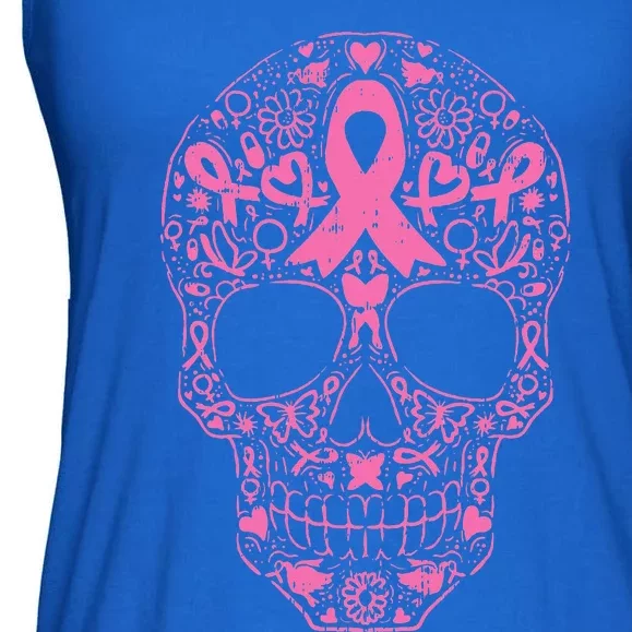 Sugar Skull Pink Ribbon Calavera Breast Cancer Awareness Ladies Essential Flowy Tank