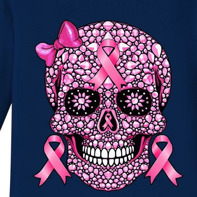 Sugar Skull Pink Ribbon Breast Cancer Awareness Baby Long Sleeve Bodysuit