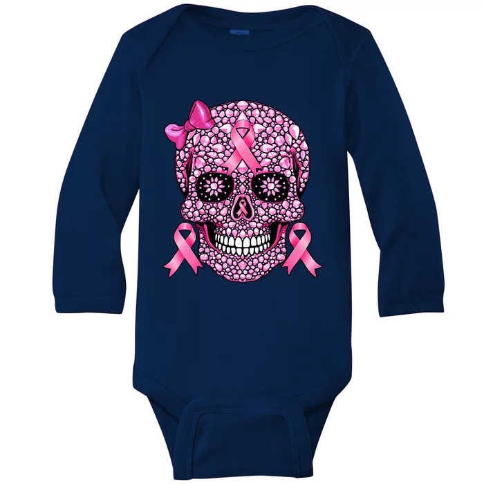 Sugar Skull Pink Ribbon Breast Cancer Awareness Baby Long Sleeve Bodysuit