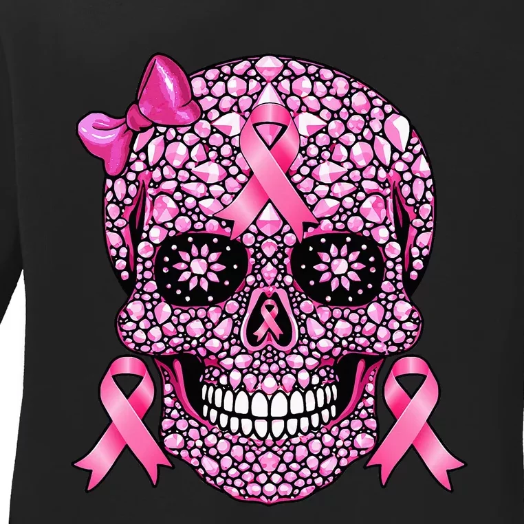 Sugar Skull P.I.N.K Ribbon Breast Cancer Awareness Ladies Long Sleeve Shirt