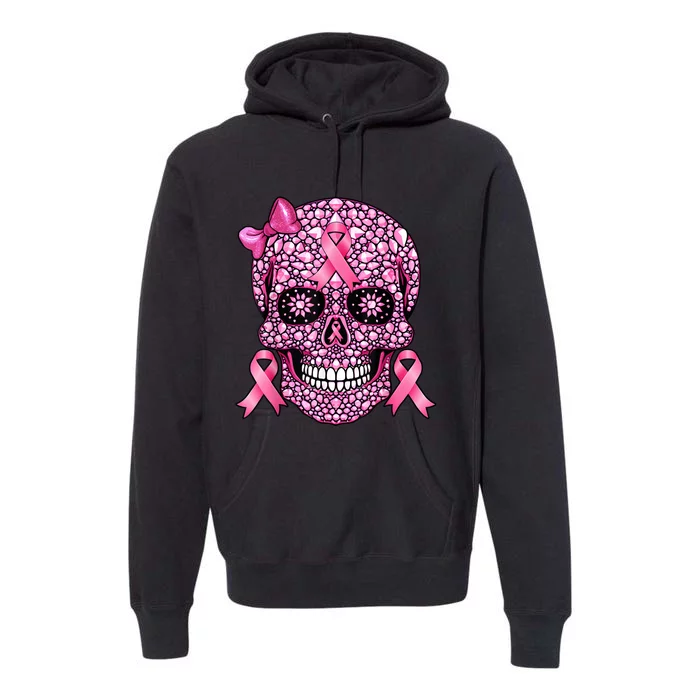 Sugar Skull Pink Ribbon Breast Cancer Awareness Premium Hoodie