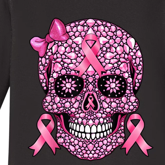 Sugar Skull Pink Ribbon Breast Cancer Awareness Baby Long Sleeve Bodysuit