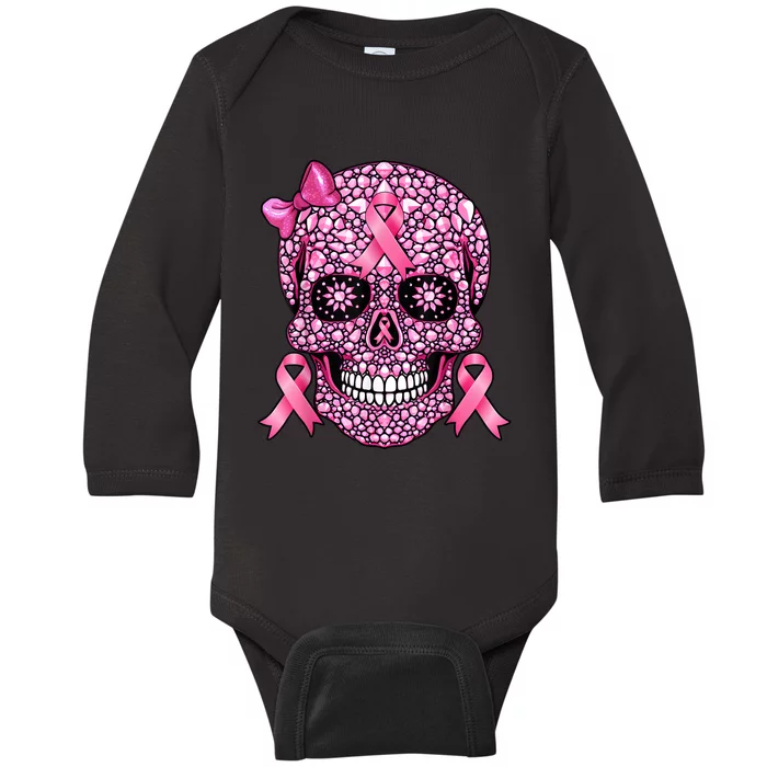 Sugar Skull Pink Ribbon Breast Cancer Awareness Baby Long Sleeve Bodysuit