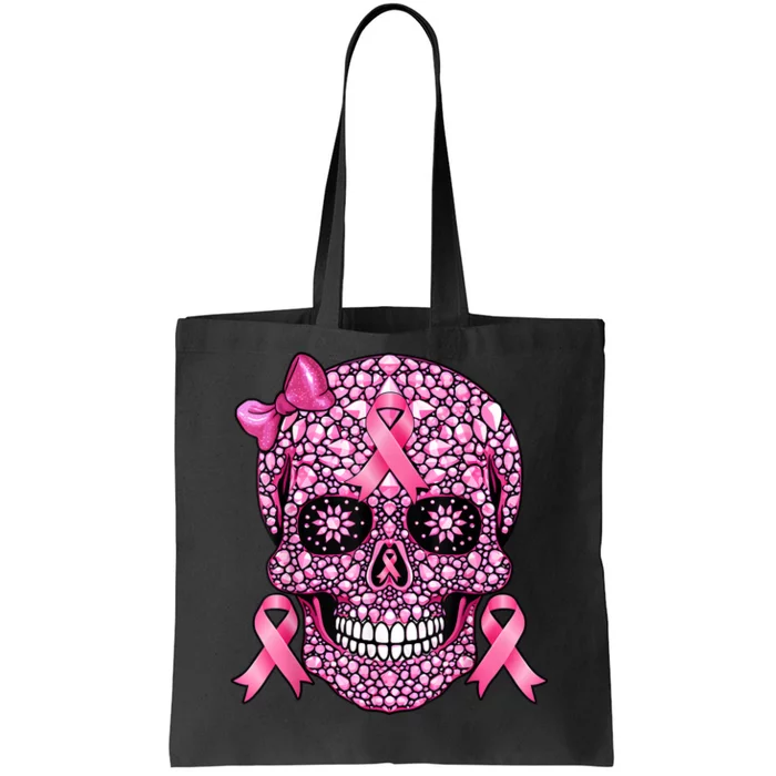 Sugar Skull Pink Ribbon Breast Cancer Awareness Tote Bag