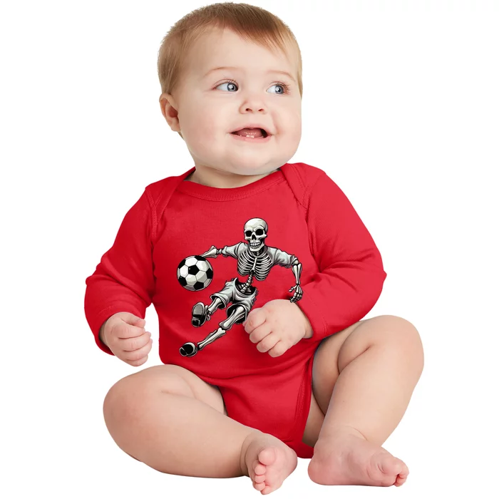 Soccer Skeleton Playing Soccer Halloween Skull Lover Baby Long Sleeve Bodysuit