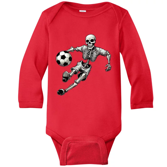 Soccer Skeleton Playing Soccer Halloween Skull Lover Baby Long Sleeve Bodysuit