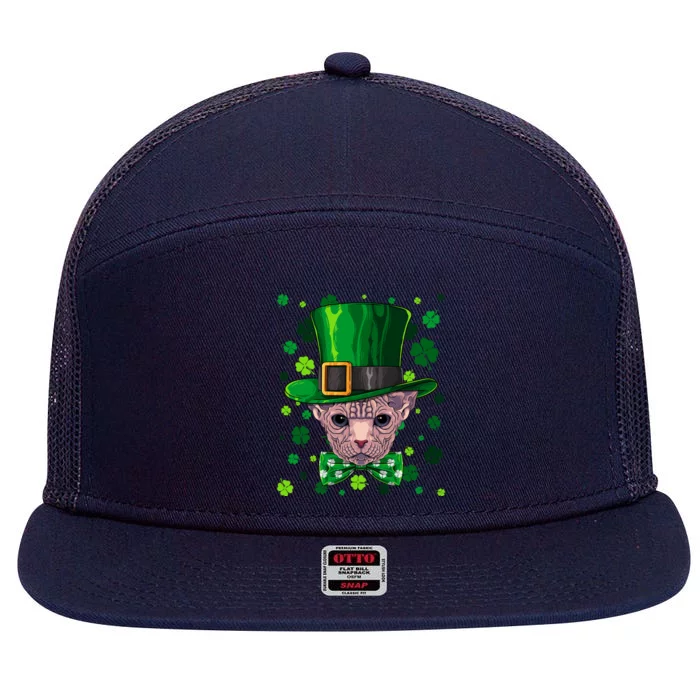 Sphynx St Patricks Day Cat Leprechaun Hat Shamrock Cute Gift 7 Panel Mesh Trucker Snapback Hat