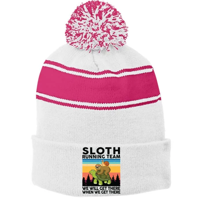 Sloth Sloth Running Team Women Men Gift Funny Running Stripe Pom Pom Beanie