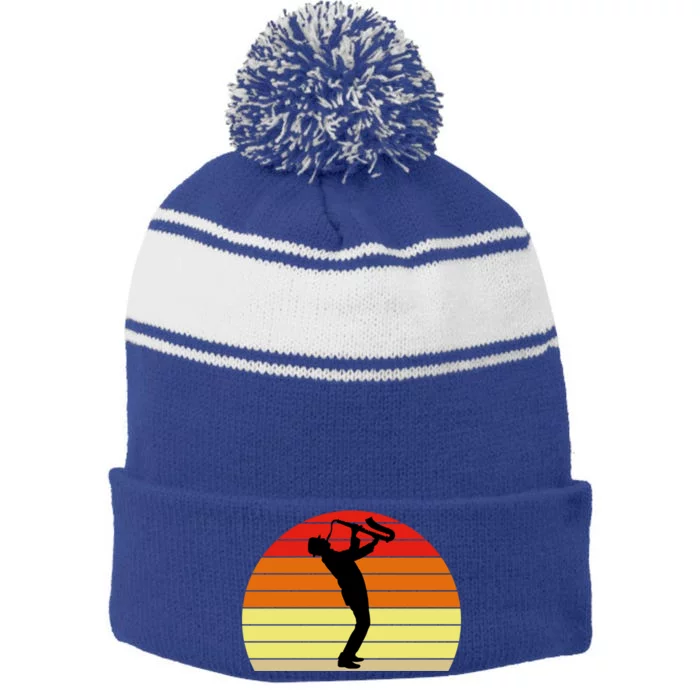 Sunset Saxophone Retro Saxophone Player Cool Gift Stripe Pom Pom Beanie