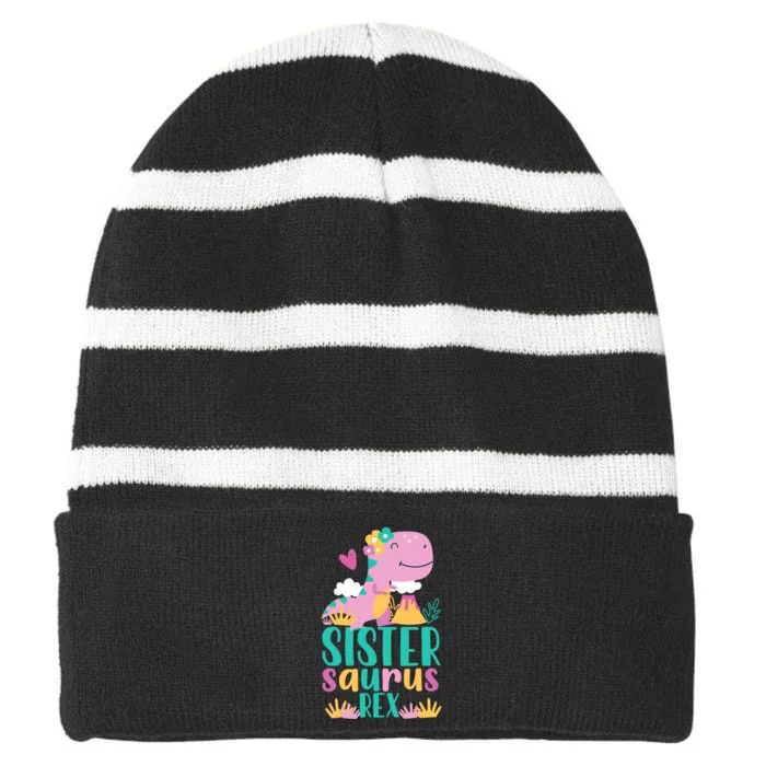 Sister Saurus Rex Dinosaur Dino Design Striped Beanie with Solid Band