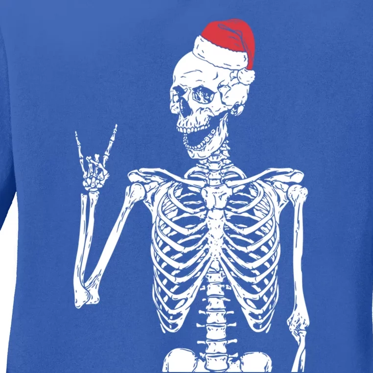 Santa Skeleton Rock Hand Christmas XMas Rocker Musician Gift Ladies Long Sleeve Shirt