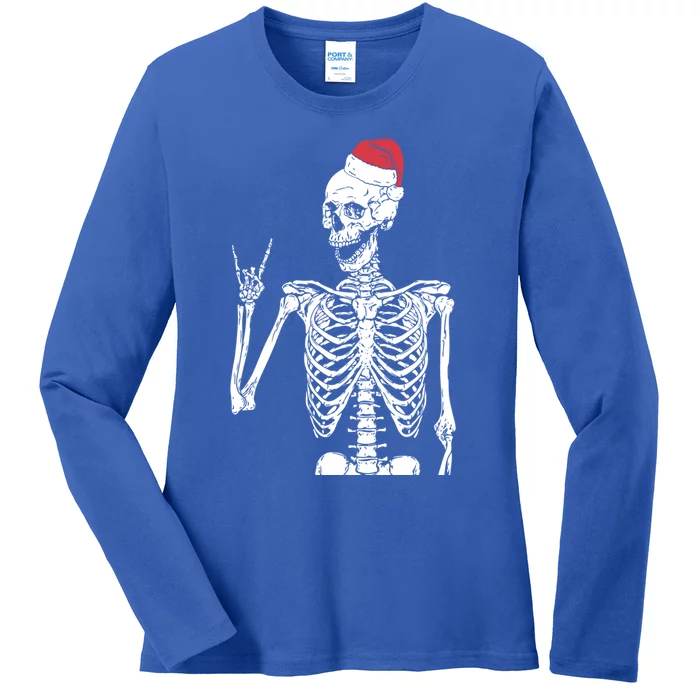 Santa Skeleton Rock Hand Christmas XMas Rocker Musician Gift Ladies Long Sleeve Shirt