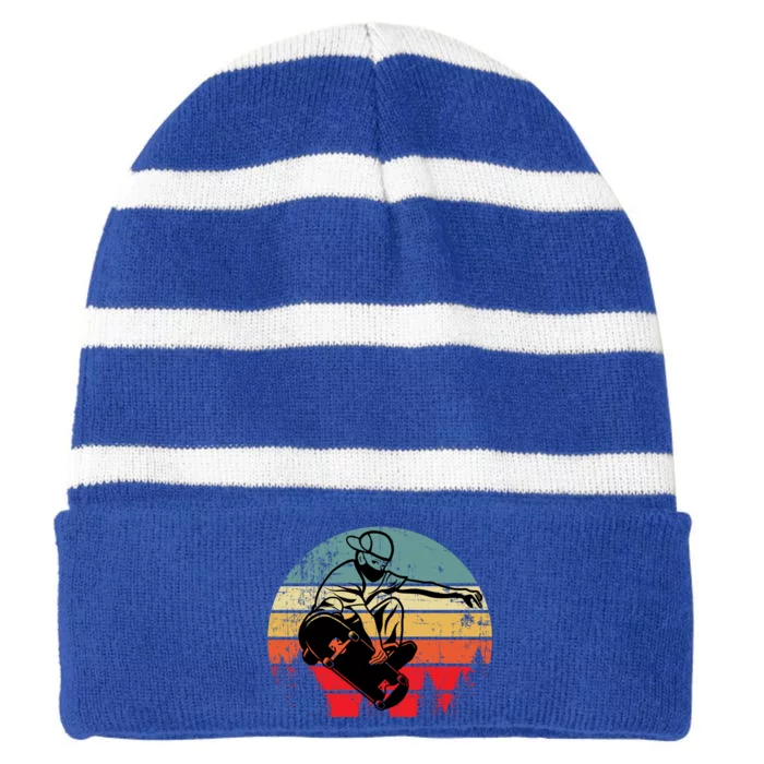 Skateboarding Skateboard Retro Vintage Sunset Hip Gift Striped Beanie with Solid Band