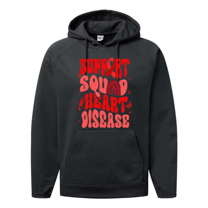 Support Squad Red Ribbon Groovy Heart Disease Awareness Performance Fleece Hoodie