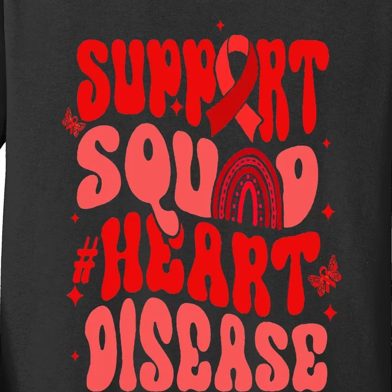 Support Squad Red Ribbon Groovy Heart Disease Awareness Kids Long Sleeve Shirt