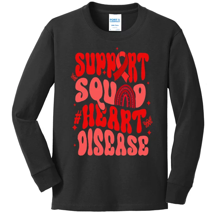 Support Squad Red Ribbon Groovy Heart Disease Awareness Kids Long Sleeve Shirt