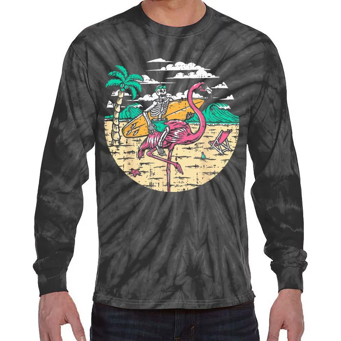 Skeleton Surfer Riding Flamingo Halloween Costume Surfing Tie-Dye Long Sleeve Shirt