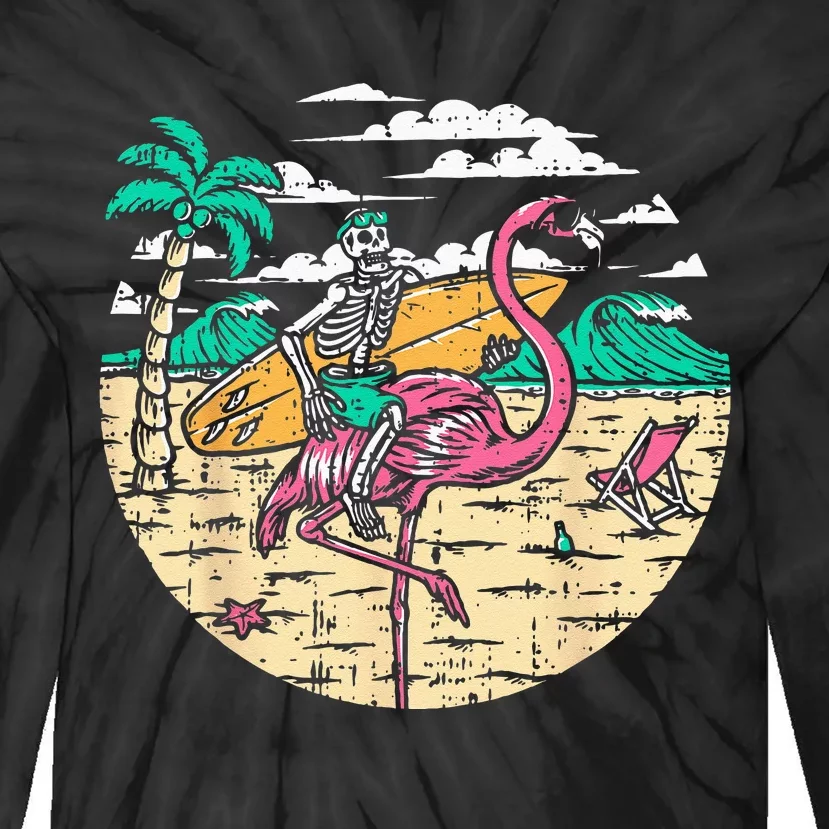 Skeleton Surfer Riding Flamingo Halloween Costume Surfing Tie-Dye Long Sleeve Shirt