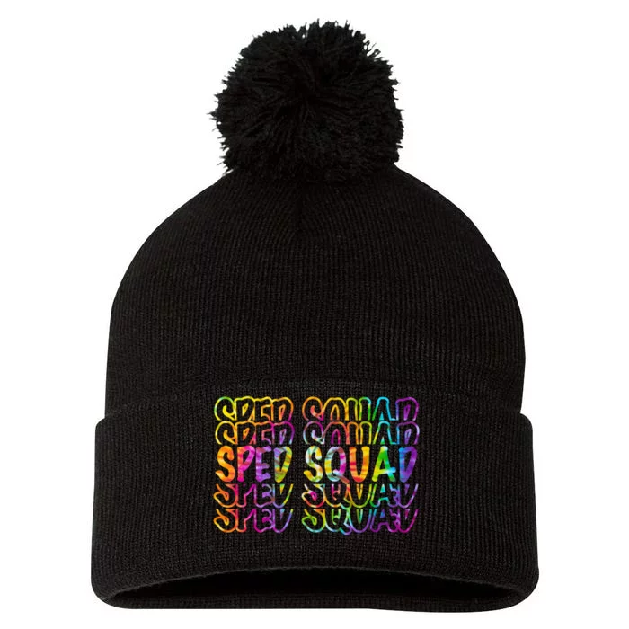 Sped Squad Rainbow Colorful Pom Pom 12in Knit Beanie