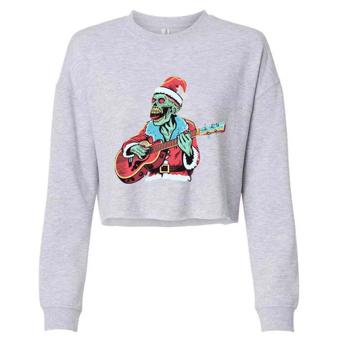 Santa Skeleton Rocker Playing Guitar Gift Cropped Pullover Crew