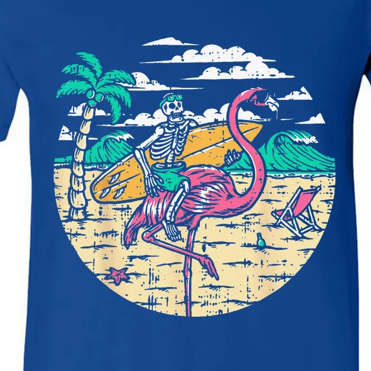 Skeleton Surfer Riding Flamingo Halloween Costume Surfing V-Neck T-Shirt