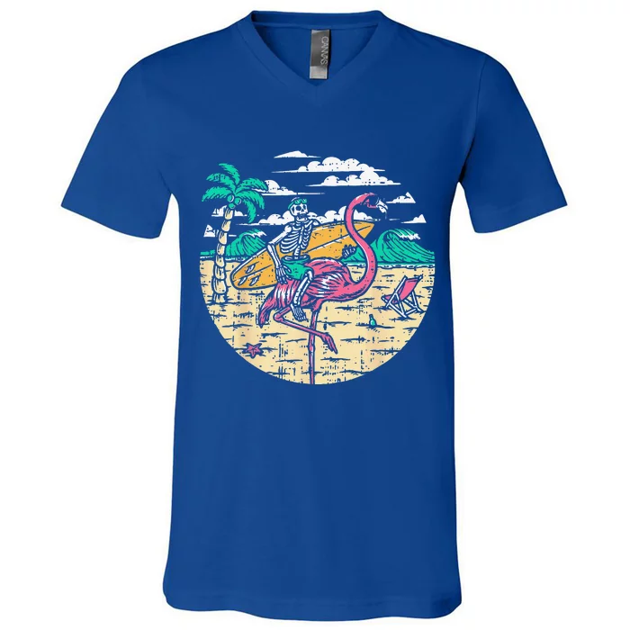 Skeleton Surfer Riding Flamingo Halloween Costume Surfing V-Neck T-Shirt