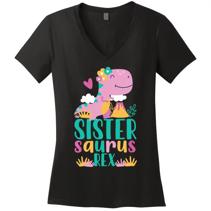 Sister Saurus Rex Dinosaur Dino Design for Women's V-Neck T-Shirt