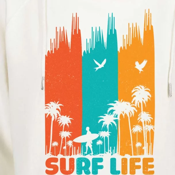 Surfing Surfer Retro Surf Life Summer Palm Tree Family Trip Gift Womens Funnel Neck Pullover Hood