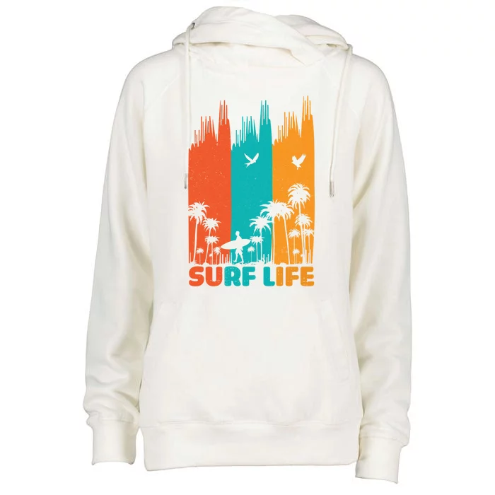 Surfing Surfer Retro Surf Life Summer Palm Tree Family Trip Gift Womens Funnel Neck Pullover Hood