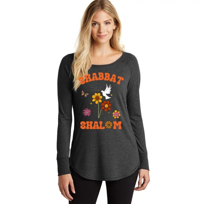 Shabbat Shalom Retro 60s 70s Groovy Hippie Flowers Peace Women's Perfect Tri Tunic Long Sleeve Shirt